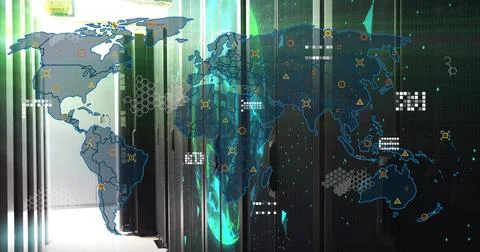 Illuminating server racks in data center, with world map overlay, network icons 스톡 사진