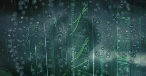 Illuminating server racks showcasing green cables and switches in data center Stock Photos