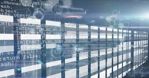 Illuminating server racks streaming data lines at digital data center, with code Foto stock