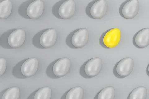 Illuminating Yellow Egg Between Rows of Gray Eggs on a Ultimate Gray. 3d Rend Stock-Illustration