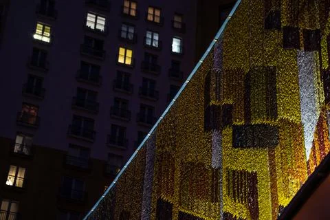 Illumination of the facade of the cinema building. Soviet cinema Stock Photos