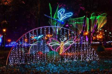 Illumination in the park, illumination of various installations, fantasy on the Stock Photos
