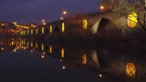Illumination on Stone bridge on Duero river. Mengue avenue. Zamora Museum. Ch Stock Footage 143215112