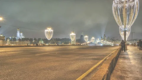 Illuminations on the Bolshoy Moskvoretsky Bridge. HD video Stock Footage 84112381