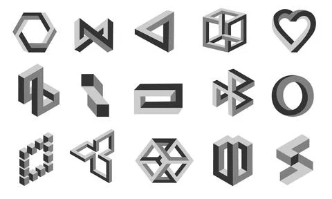 Illusion shapes. Impossible figures and optical delusion collection. Distorted Stock Illustration