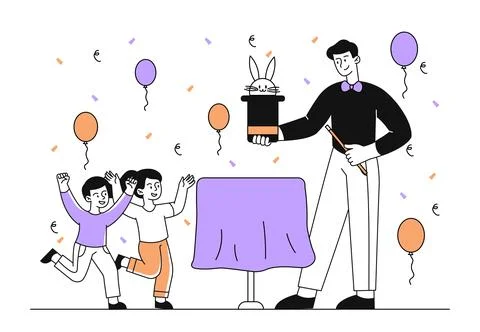 Illusionist perform to children vector linear Stock Illustration