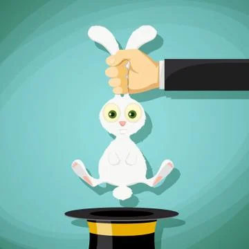 Illusionist pulls out a rabbit from a hat. Stock Vector cartoon イラスト素材