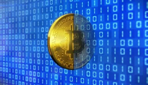 Illustation of a golden bitcoin and a binary code Stock Illustration