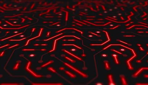 Illustation of a printed circuit board in red on a dark background. Stock-Illustration