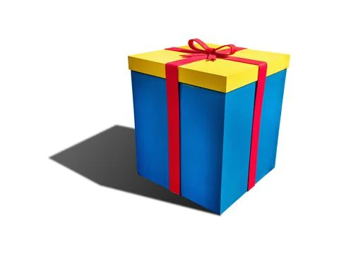 Illustrated 3D Rendering of Blue and Yellow Giftbox on White Background Stock Illustration