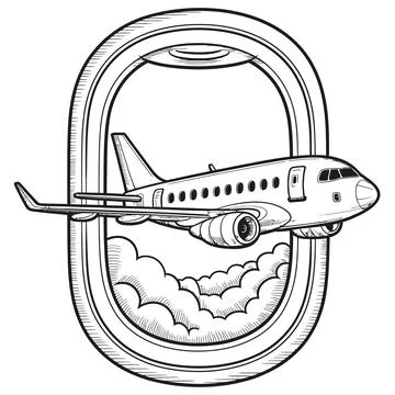 An illustrated airplane wing viewed through a circular window frame Stock Illustration