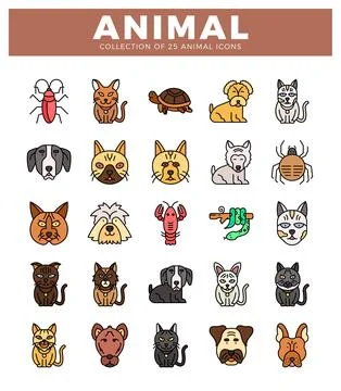 Illustrated animal icons in a grid format with white background.  Stylized .. Stock Illustration