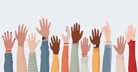 Illustrated animation of raised arms and hands of multiethnic people. Equality Stock Footage 148653777