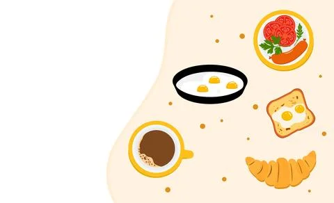 Illustrated breakfast with fried eggs, coffee, sausages, bread and croissan.. Illustrazione stock