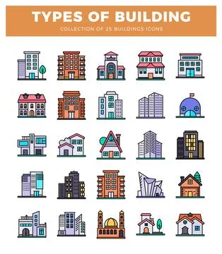 Illustrated building icons showcasing various architectural styles and size.. Ilustración de archivo