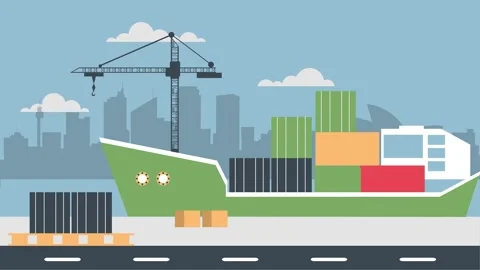 Illustrated Cargo Ship with Containers in a City Harbor Skyline Scene Vídeo Stock 341919971