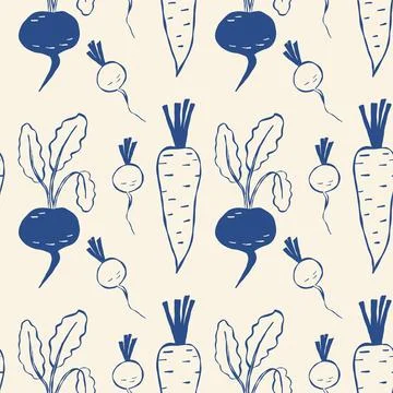 Illustrated carrot and beetroot pattern in blue ink Stock Illustration