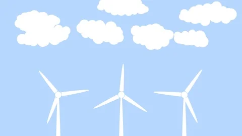 Illustrated clouds on blue sky with wind tubine plants looping background Stock-Footage 332813951