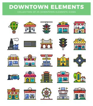 Illustrated collection of downtown elements icons. showing hot air balloon... Stock Illustration