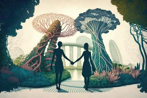 Illustrated couple holding hands while walking trough wonderland Ilustração Stock