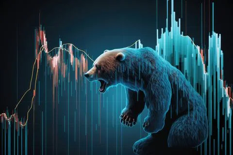 Illustrated crypto bear roaring on a dark blue background with market stock Stock Illustration