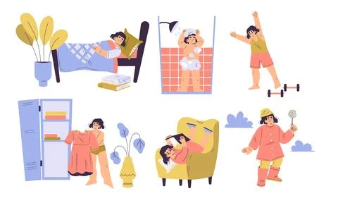 Illustrated Daily Routine Activities Presented in a Fun and Playful Style for Illustrazione stock