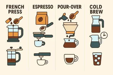 Illustrated guide to making four different popular coffee drinks Ilustração Stock