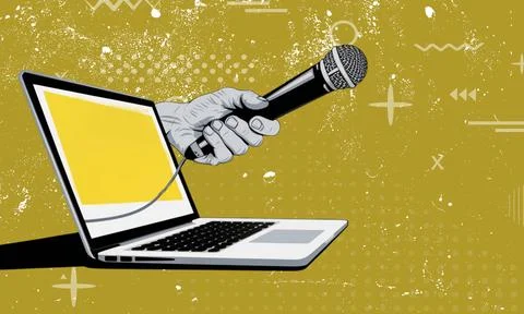 An illustrated hand holding a microphone extends from a laptop screen on a .. Stock Illustration