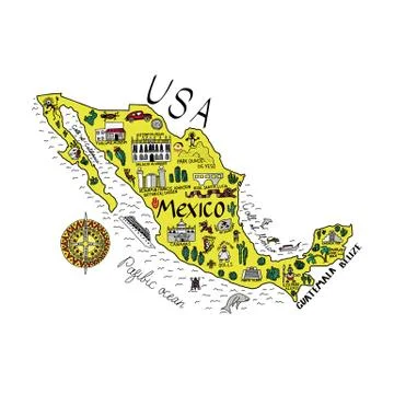 Illustrated map of Mexico with the main attractions Stock Illustration