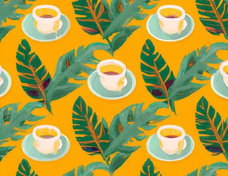 Illustrated pattern of teacups with tropical leaves in an orange background Illustrazione stock