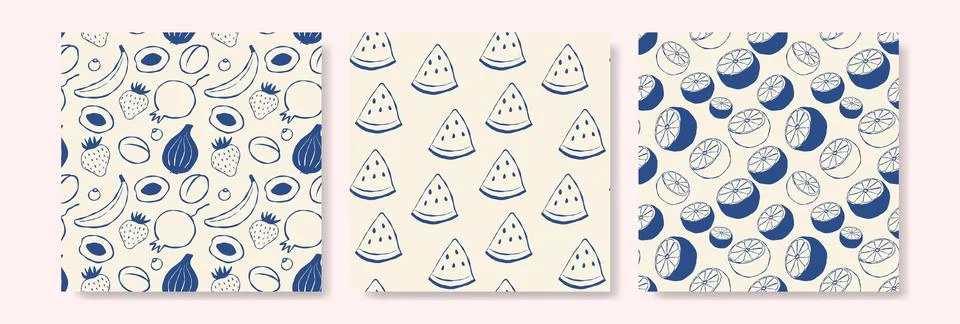 Illustrated patterned panels with fruit doodles in blue on cream background Stock Illustration