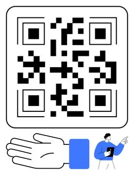 Illustrated QR Code with Hand and Man Holding a Tablet in Modern, Simplisti.. Stock Illustration