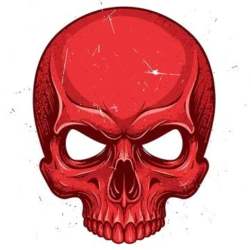 An illustrated red skull with an angry expression stares directly forward aga 스톡 일러스트
