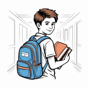 Illustrated Schoolboy with Backpack Walking Through School Hallway. Stock Illustration