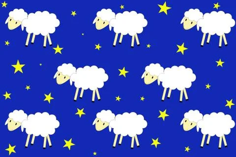 Illustrated seamless pattern. A flock of sheep walks in a night sky full of s Stock Illustration