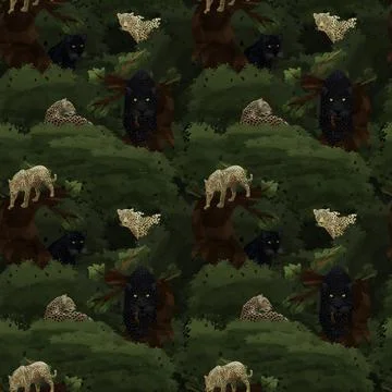 Illustrated seamless pattern with leopards and jungle environment Stock Illustration