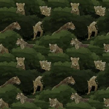 Illustrated seamless pattern with leopards and jungle environment Stock Illustration