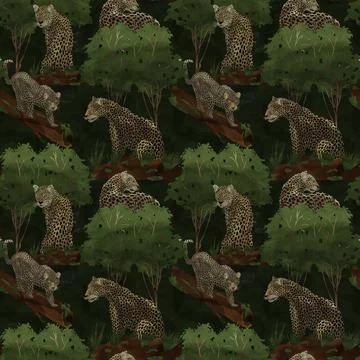 Illustrated seamless pattern with leopards and jungle environment Stockillustratie