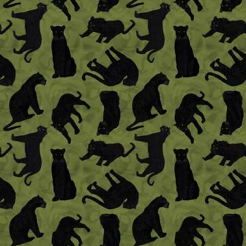 Illustrated seamless pattern with panthers and green background Stock Illustration