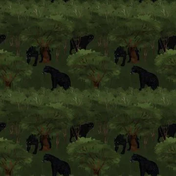Illustrated seamless pattern with panthers and jungle environment Stock Illustration