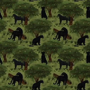 Illustrated seamless pattern with panthers and jungle environment Stock Illustration