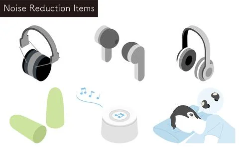 Illustrated set of user-friendly noise-reducing products Stock Illustration