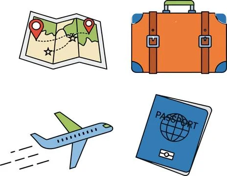Illustrated travel elements including a suitcase, map with pins, flying airpl Stock Illustration