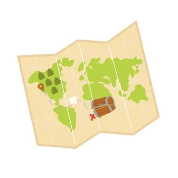 Illustrated treasure map with forests, ocean, and chest on world map Stock Illustration