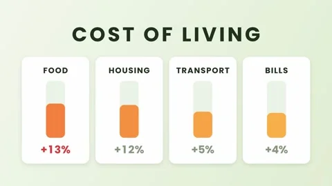 Illustrates cost variations in four categories food, housing, transport, and 스톡 동영상 347519440