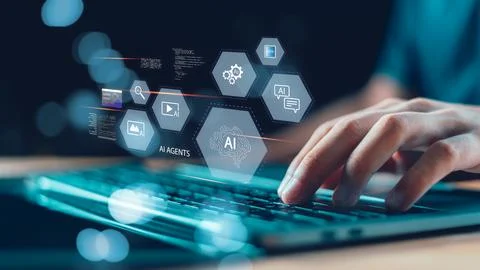 Illustrating artificial intelligence agents, machine learning, big data, di.. Stock Photos