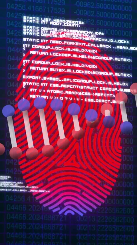 Illustrating digital security, DNA strand and fingerprint over binary code 動画素材 344285315