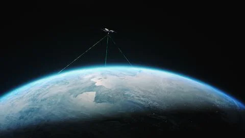 Illustration 3D abstract render of satellite transmitting signal to Earth Stock Illustration