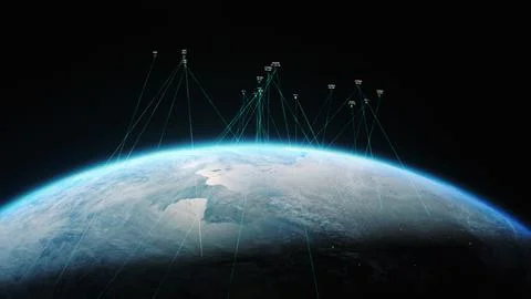 Illustration 3D abstract render of satellites transmitting signal to Earth 스톡 일러스트