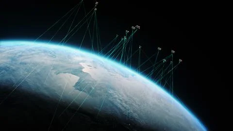 Illustration 3D abstract render of satellites transmitting signal to Earth Stock Illustration